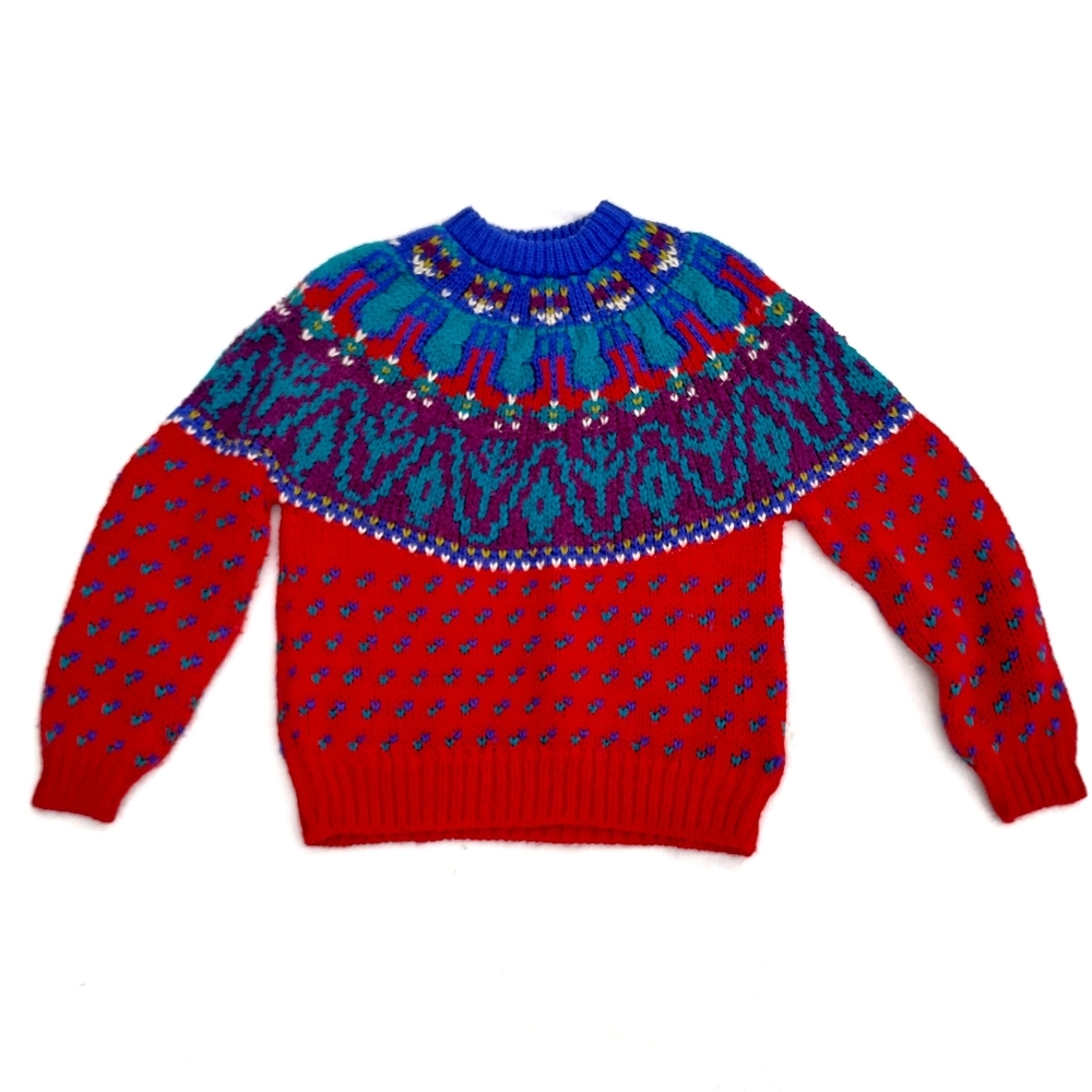 Vintage Ivy Fair Isle Colorful Sweater Size Medium Womens 80s 90s Red Purple